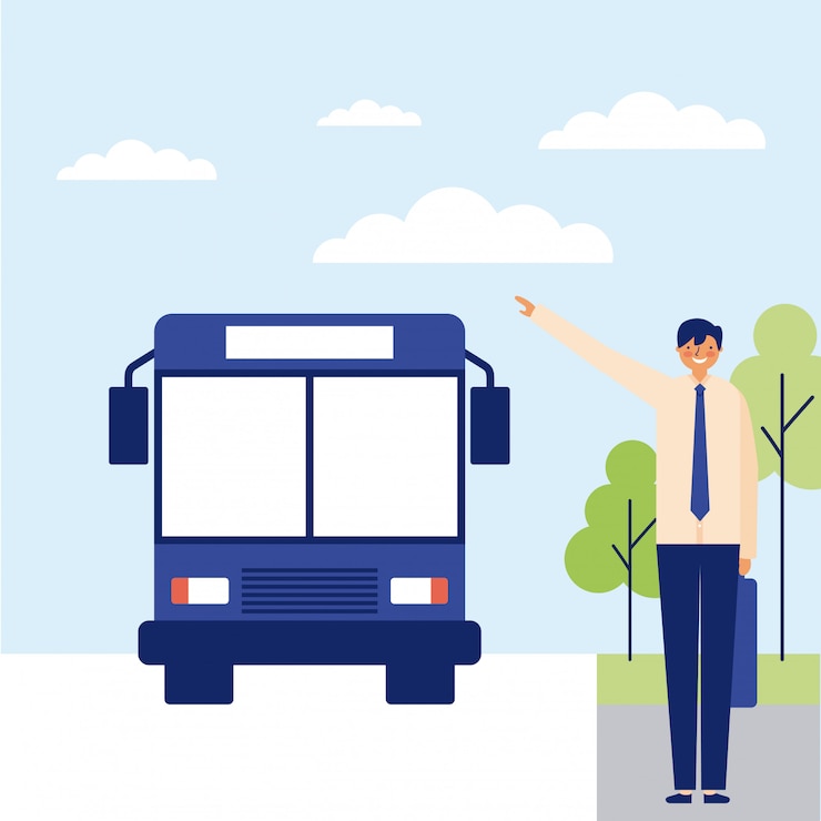 Vector Gratis pria naik bus ke tempat kerja