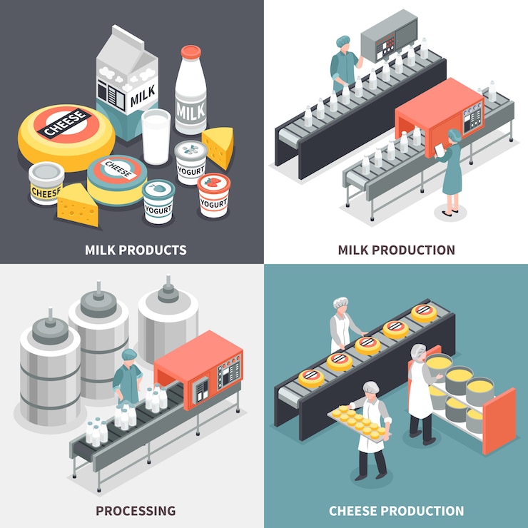 Vector Gratis process of milk and cheese production and factory workers design concept
