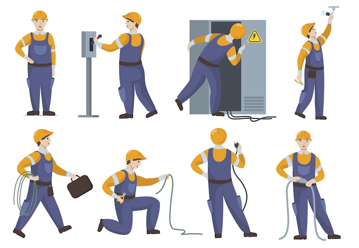 Vector Gratis professional electrician in uniform repairing electric elements flat set.