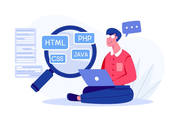 Vector Gratis programer learning programming languages by computer laptop on website and tutorial channel or online education class. vector illustration of software development, programming languages learning