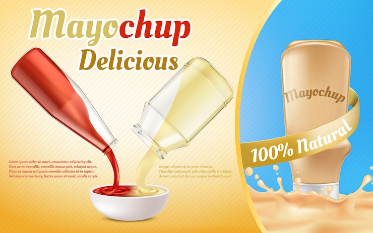 Vector Gratis promotion banner of mayochup sauce. tomato ketchup and mayonnaise pouring 