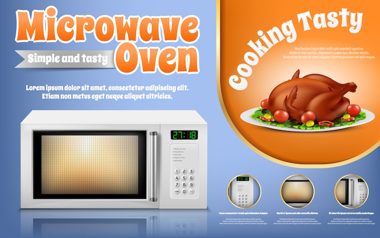 Vector Gratis promotion banner with realistic white microwave oven and roast chicken with vegetables 