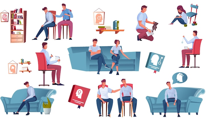 Vector Gratis psychology set of flat icons human characters of therapist and clients soft furniture and interior elements vector illustration