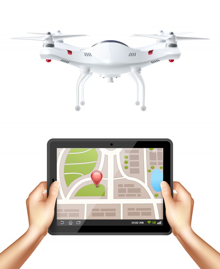 Vector Gratis quadrocopter and hands holding tablet
