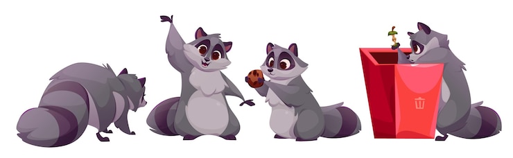 Vector Gratis racoon cartoon character in different poses