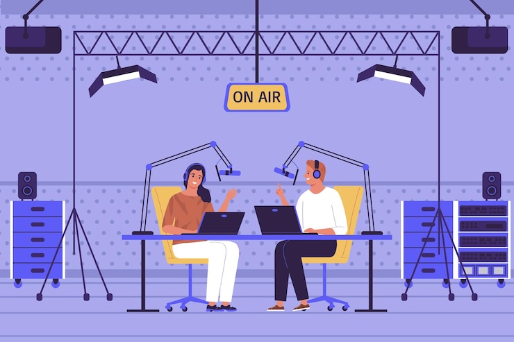Vector Gratis radio broadcast from the studio with two people talking flat illustration