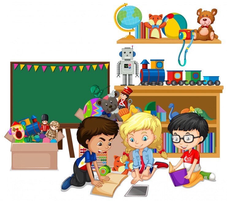 Vector Gratis rak penuh buku dan mainan berwarna putih