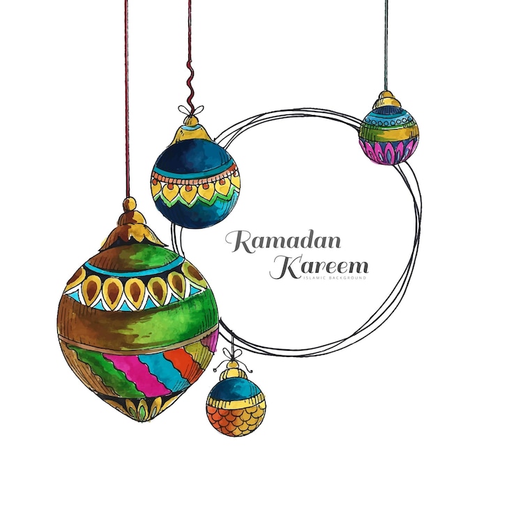 Vector Gratis ramadan kareem festive hanging watercolor arabic lamps card background