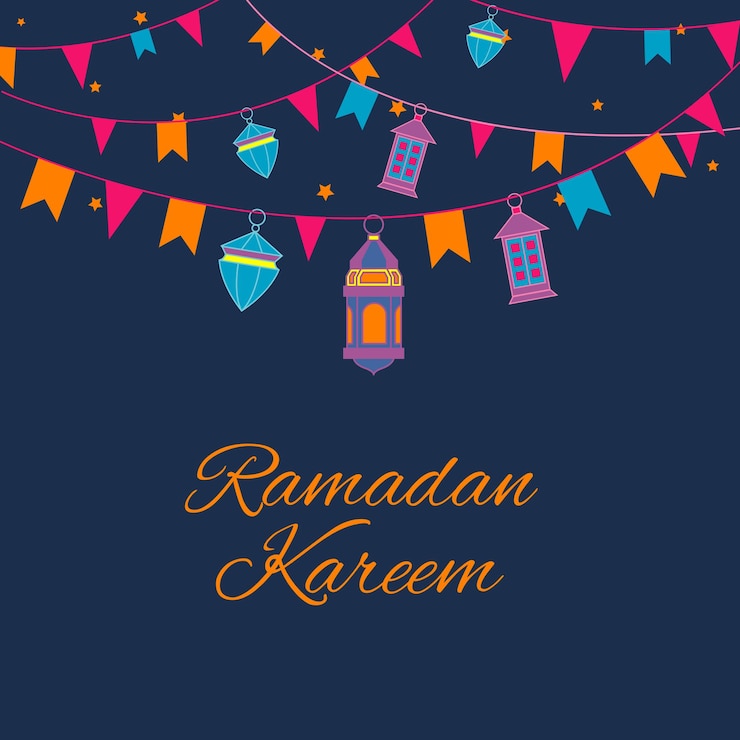 Vector Gratis ramadan kareem greeting card with lanterns garland, arabic lamps