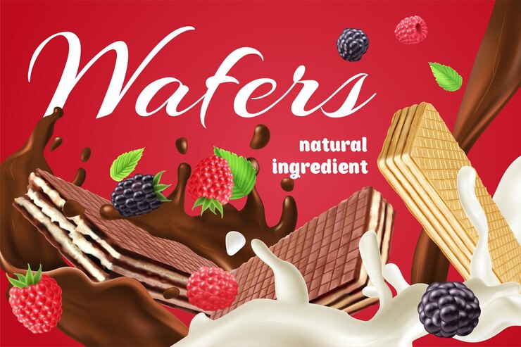 Vector Gratis realistic advertisement with chocolate cream and berry wafers made of natural ingredients on red background