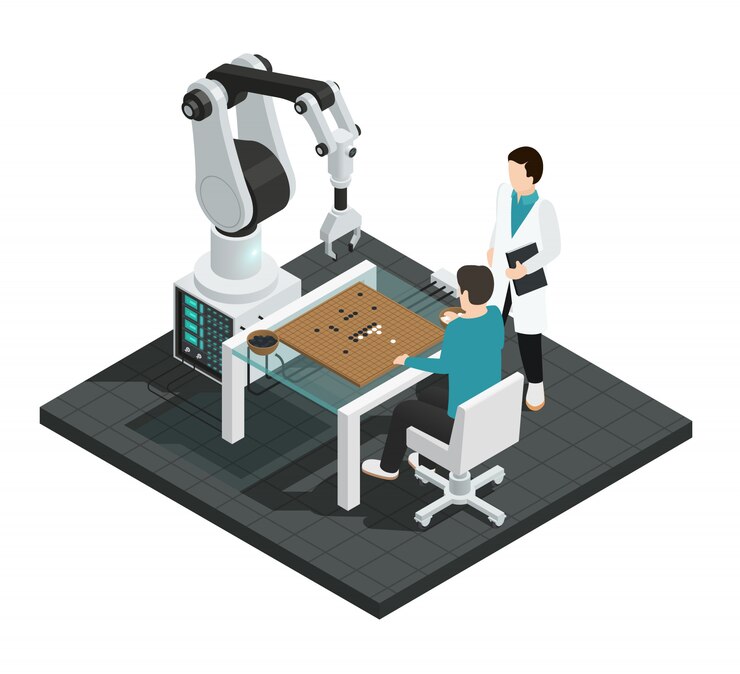 Vector Gratis realistic artificial intelligence isometric colored composition with robot against human 