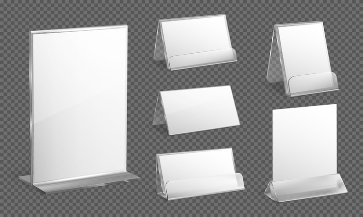 Vector Gratis realistic blank sheets of white paper inserted in glass desk holders transparent set isolated vector illustration