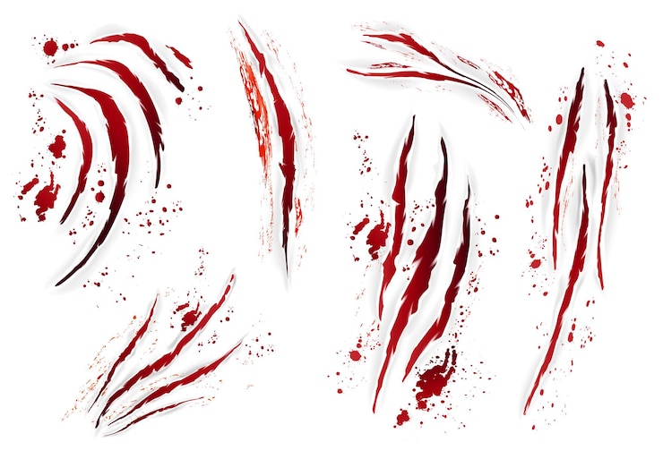 Vector Gratis realistic claws scratches animal blood set with isolated images of bloody scrapes and lots of droplets vector illustration