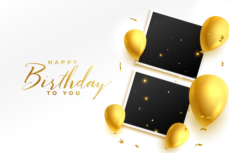 Vector Gratis realistic golden balloons with photo frame for birthday invitation card