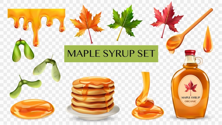 Vector Gratis realistic maple syrup elements set with bottle spoon leaves seeds drops plate of pancakes on transparent background isolated vector illustration