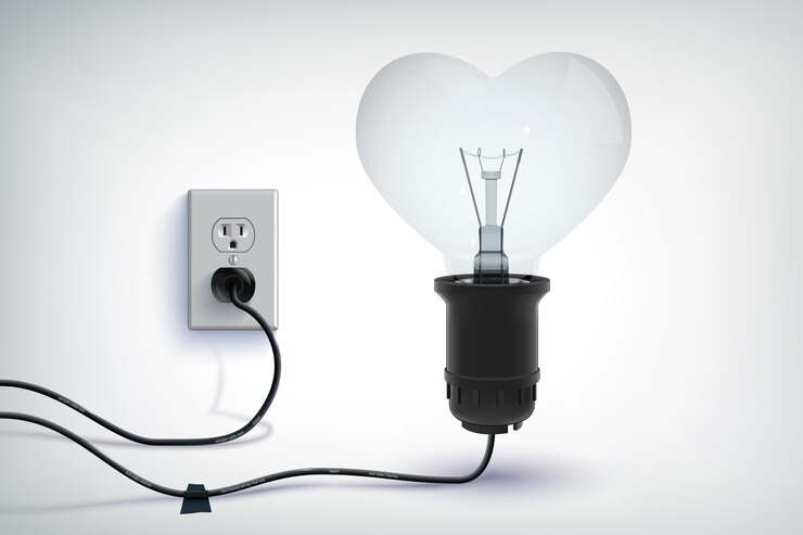 Vector Gratis realistic romantic concept of realistic wired light bulb in heart shape with plug in socket isolated