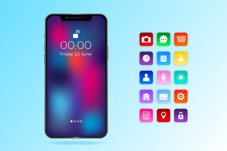 Vector Gratis realistic smartphone with apps in gradient blue shades