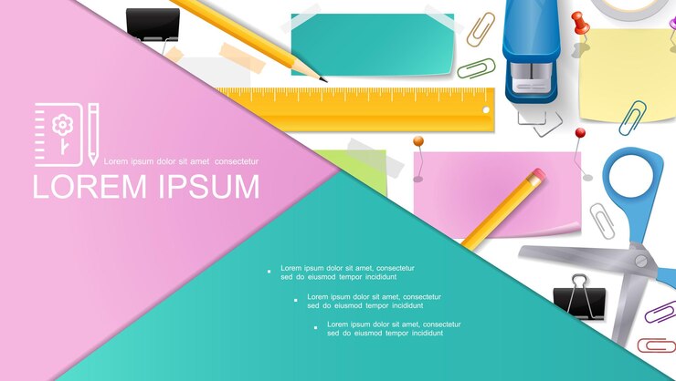 Vector Gratis realistic stationery composition with scissors pencils stapler pushpins note stickers ruler binder clips adhesive tape  illustration,