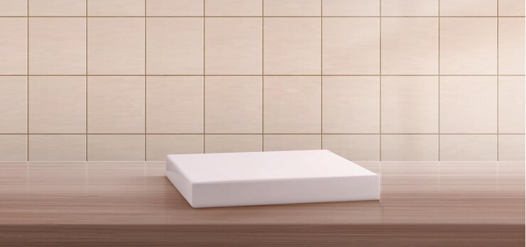 Vector Gratis realistic tiled wall white soap box on wooden shelf vector illustration of plastic podium mockup for beauty product demonstration kitchen table made of natural oak wood beige bathroom interior