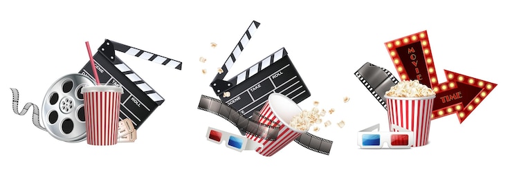 Vector Gratis realistic vector icon set cinema concept movie time with popcorn tape glasses clapperboar
