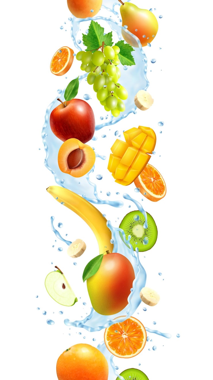 Vector Gratis realistic whole and sliced fruits in splash of water