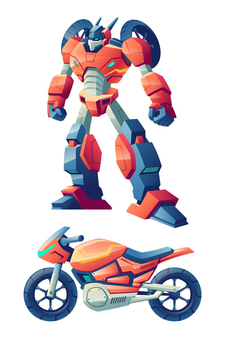 Vector Gratis red battle robot capable to transform in racing motorcycle, sport bike cartoon 