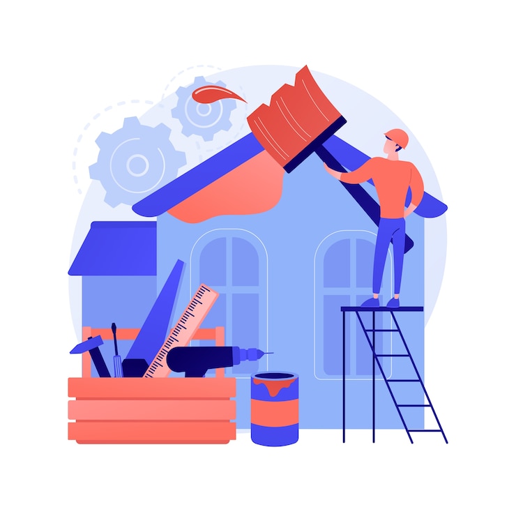 Vector Gratis renovasi rumah konsep abstrak ilustrasi vektor. ide dan tips renovasi properti, layanan konstruksi, calon pembeli, daftar rumah, metafora abstrak proyek desain renovasi.