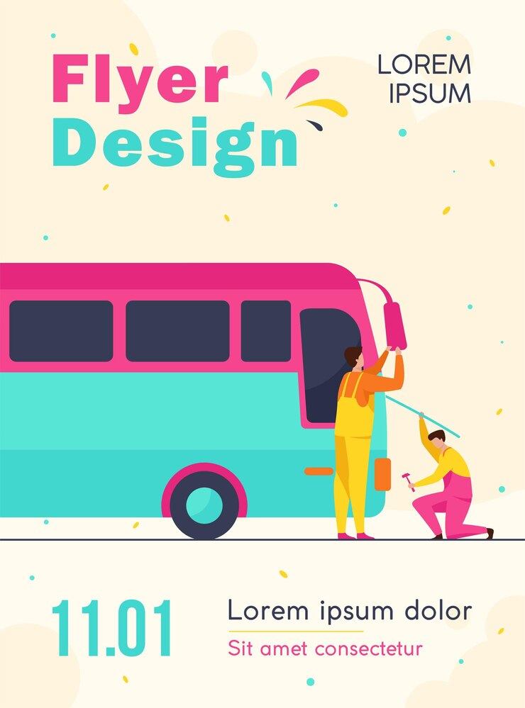 Vector Gratis repairmen servicing and repairing bus flyer template