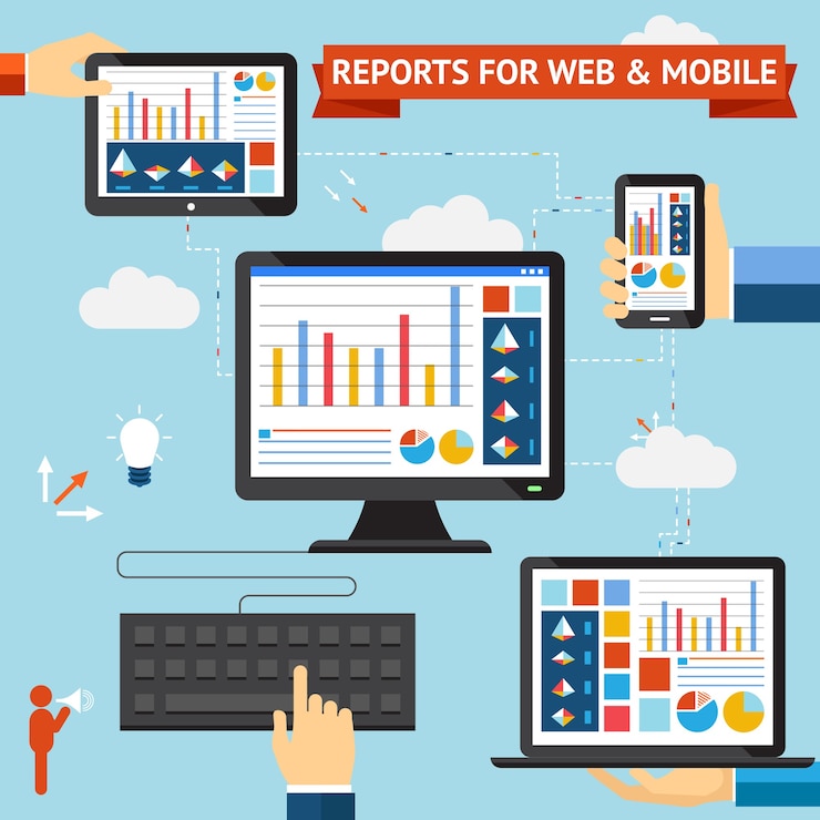 Vector Gratis reports for web and mobile vector set with colorful displays of graphs  charts and statistics displayed on the screens of a desktop  laptop  mobile phone and tablet computer synced through the cloud