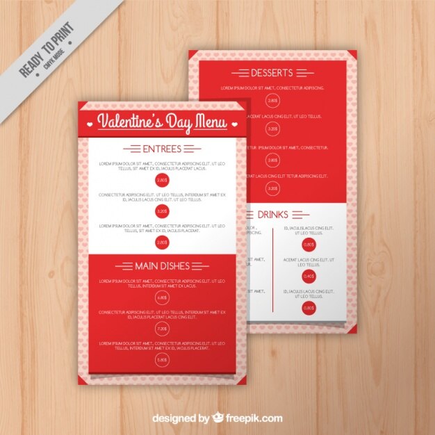 Vector Gratis restaurant menu in red tones for valentine's day