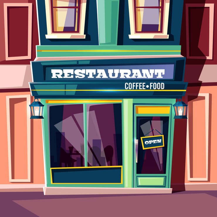 Vector Gratis restoran jalanan kota dengan piring terbuka di pintu masuk dan lentera vintage