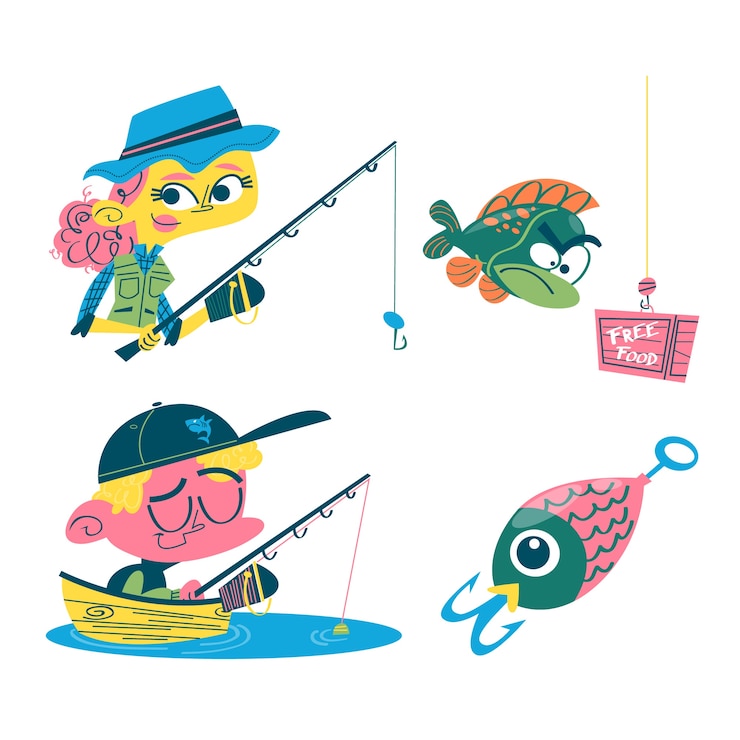 Vector Gratis retro cartoon style fishing stickers