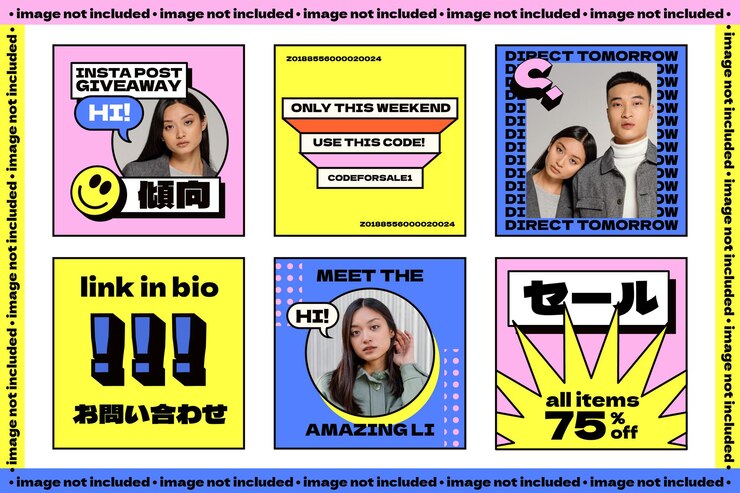 Retro style instagram posts pack in neon colors with japanese typography