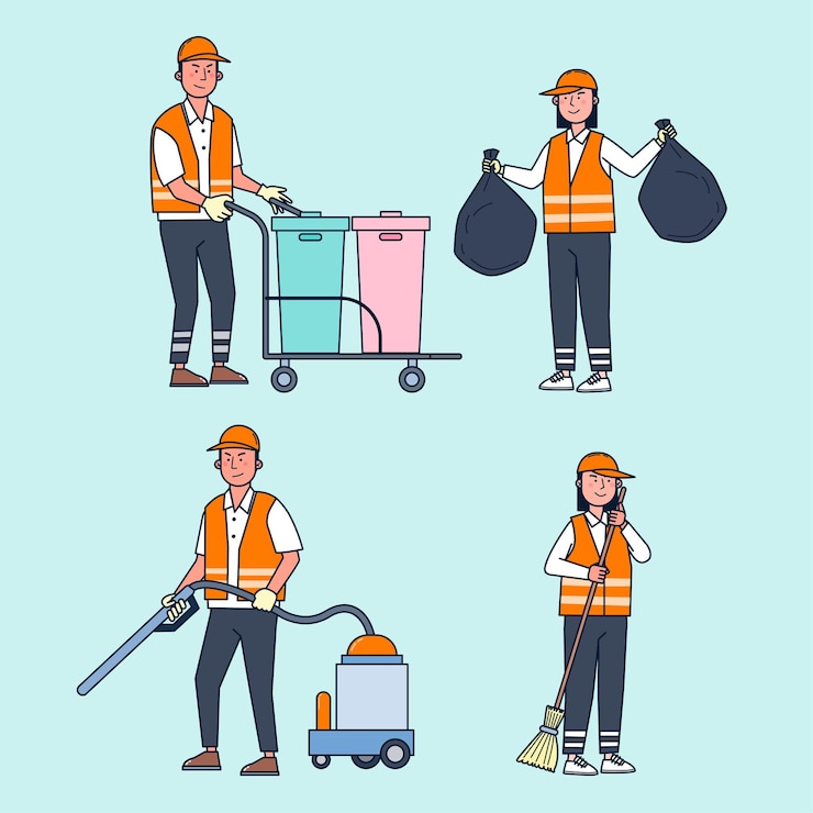 Vector Gratis road cleaning staff take care of cleaning the streets of city, including sweeping the streets, collecting garbage, vacuuming the dust to make the city clean and tidy.  illustration flat 
