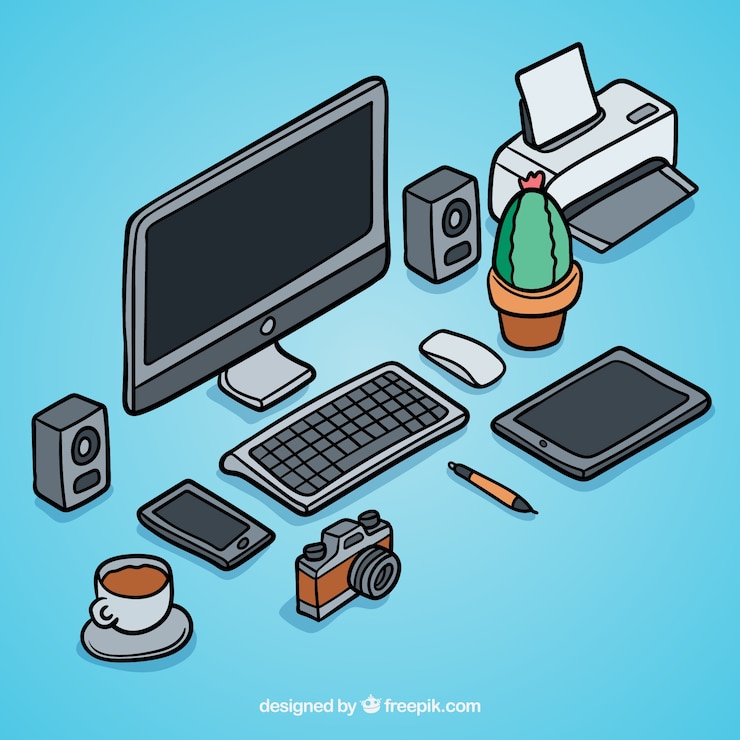 Vector Gratis ruang kerja isometrik yang digambar tangan