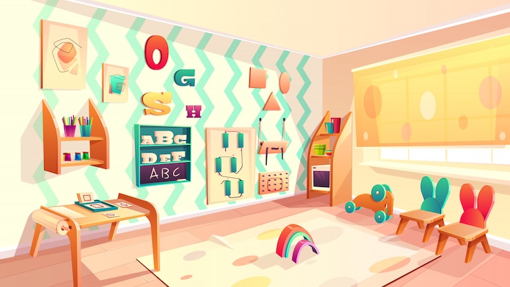 Vector Gratis ruang montessori vektor, latar belakang sekolah dasar dengan furnitur. taman kanak-kanak untuk bayi, dayca