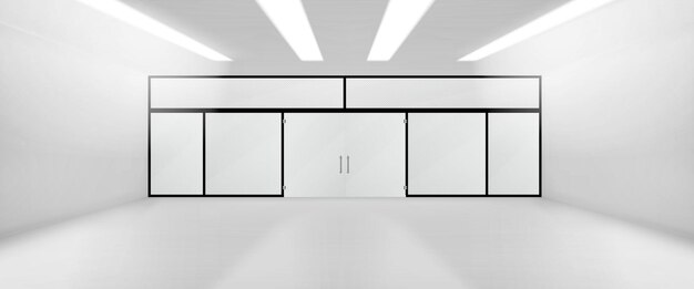 Ruangan realistis dengan mockup dinding dan pintu kaca yang diisolasi pada latar belakang transparan. Ilustrasi vektor perspektif kantor ruang pamer supermarket toko besar dengan lampu led di langit-langit