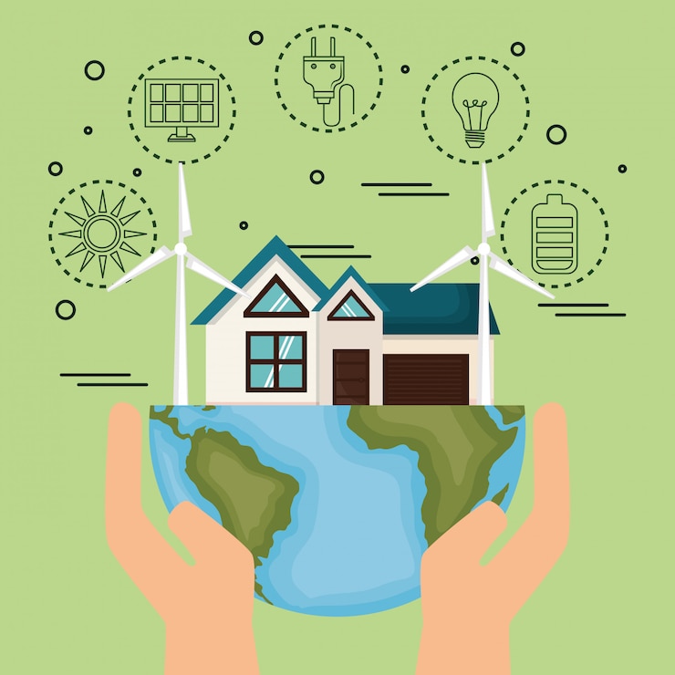Vector Gratis rumah dengan ikon selamatkan dunia