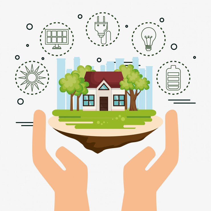 Vector Gratis rumah dengan ikon selamatkan dunia