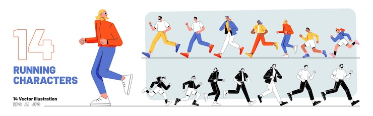 Vector Gratis running characters set people run in line sport