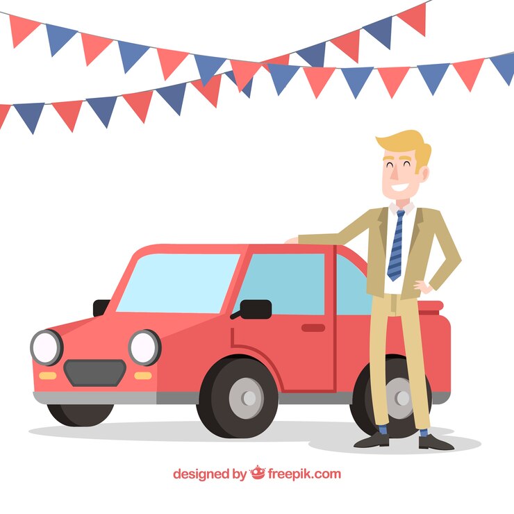 Vector Gratis salesman mobil yang tersenyum dengan desain datar