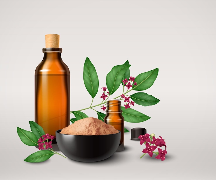 Vector Gratis sandalwood realistic colored composition consisting of bottle with oil bowl with powder and tree branches vector illustration