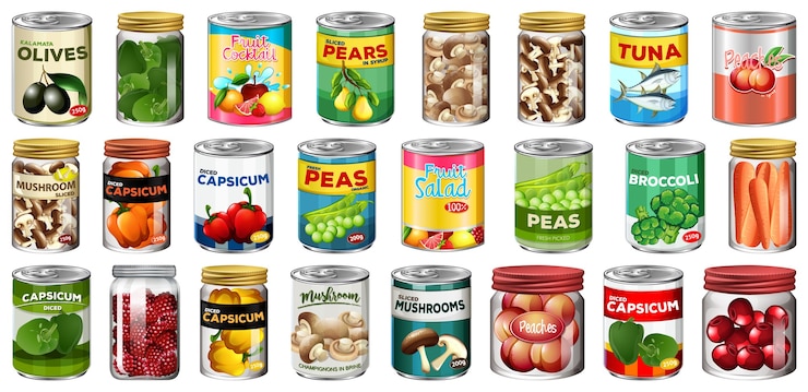 Vector Gratis satu set berbagai makanan kaleng dan makanan dalam stoples yang diisolasi
