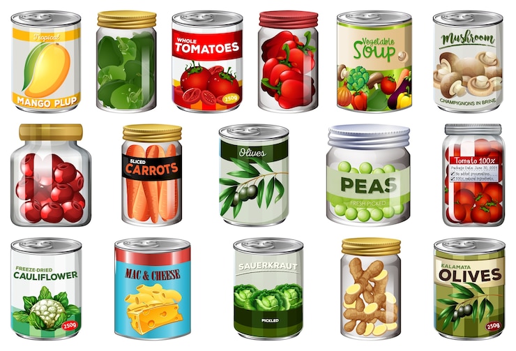 Vector Gratis satu set berbagai makanan kaleng dan makanan dalam stoples yang diisolasi
