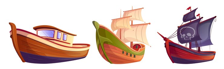 Vector Gratis satu set kapal kayu yang diisolasi dengan latar belakang putih