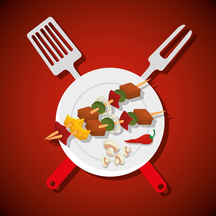 Vector Gratis sausages with meat and mushroom with bbq tools
