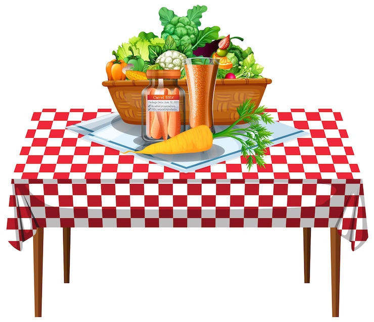 Vector Gratis sayuran dan buah-buahan di atas meja dengan taplak meja berpola kotak-kotak