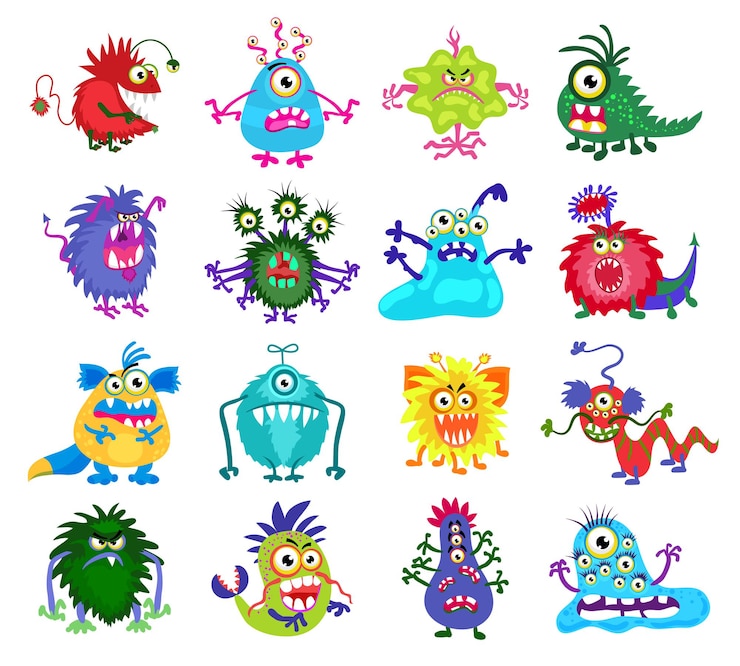 Vector Gratis scary monster. set of colored monsters with teeth and eyes, illustration of funny monsters