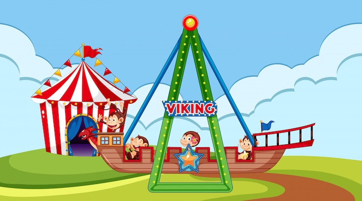 Vector Gratis scene with happy monkeys riding viking ship in the park