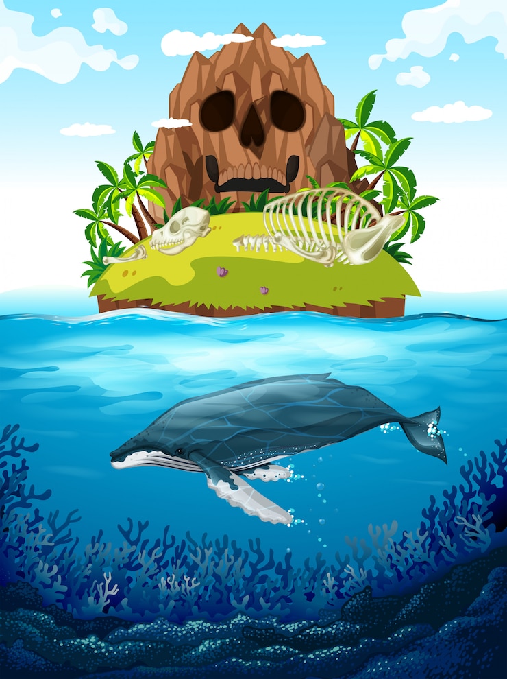 Vector Gratis scene with island and whale underwater